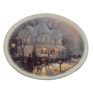 THOMAS KINKADE Vintage Oval Porcelain Trivet “A Holiday Gathering” 8.5”